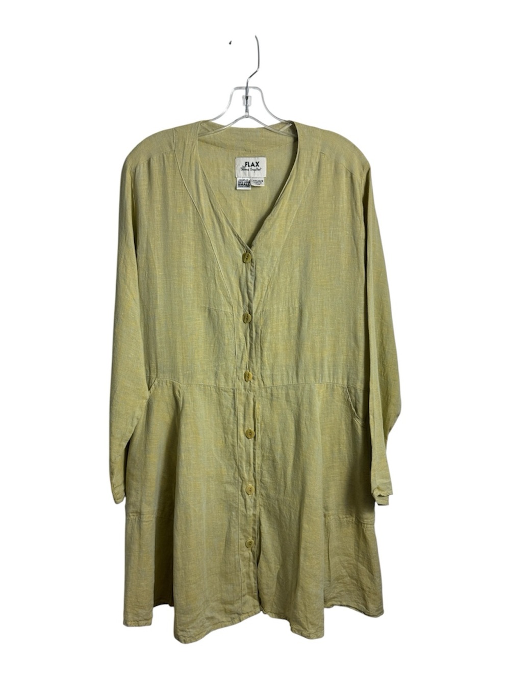 Flax 100% Linen Green Blue Button Up Dress Size Small